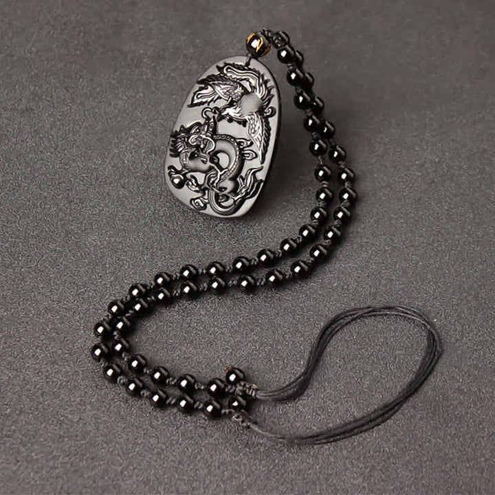 Collier avec pendentif en perles de protection en obsidienne noire œil de tigre dragon phénix - Fil de perles rétractable en obsidienne - image 9