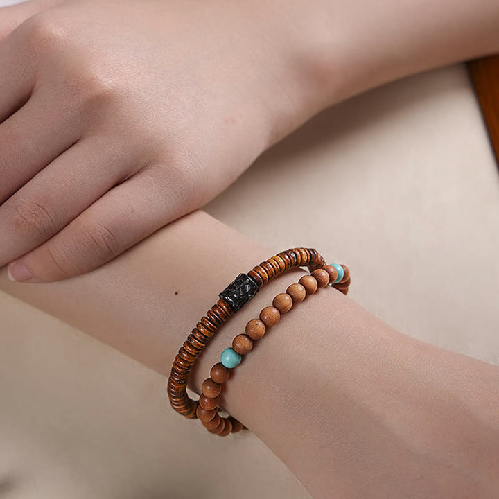 Bracelet double tour en bois de santal et turquoise, petites feuilles, Buddha Stones