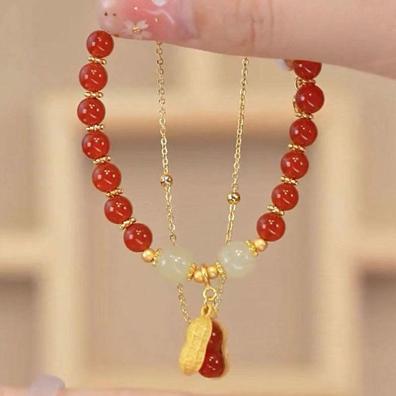 Bracelet de perles porte-bonheur en Buddha Stones, feuille de jade, ginkgo, tulipe, arachide, personnage Fu