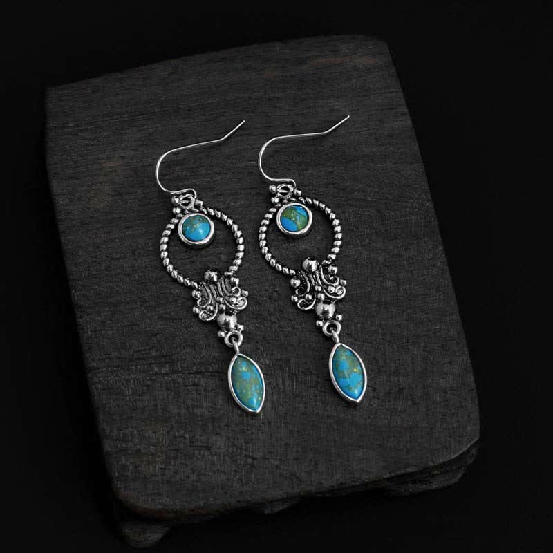 Boucles d'oreilles pendantes en argent sterling 925 Buddha Stones et motif de goutte d'eau turquoise vintage