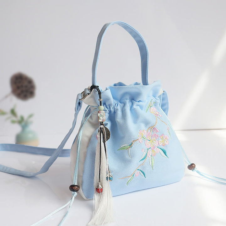 Sac à main en toile brodé à la main avec Buddha Stones et fleurs - Fleur de pêcher bleue et blanche 20*20cm - image 31