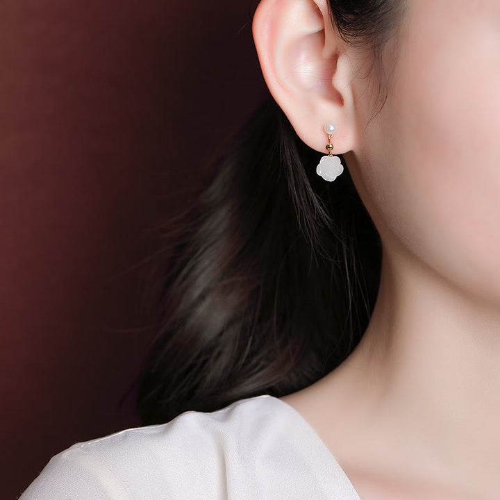 Buddha Stones d'oreilles porte-bonheur en argent sterling 925 plaqué or et jade rose avec perles de jade cyan
