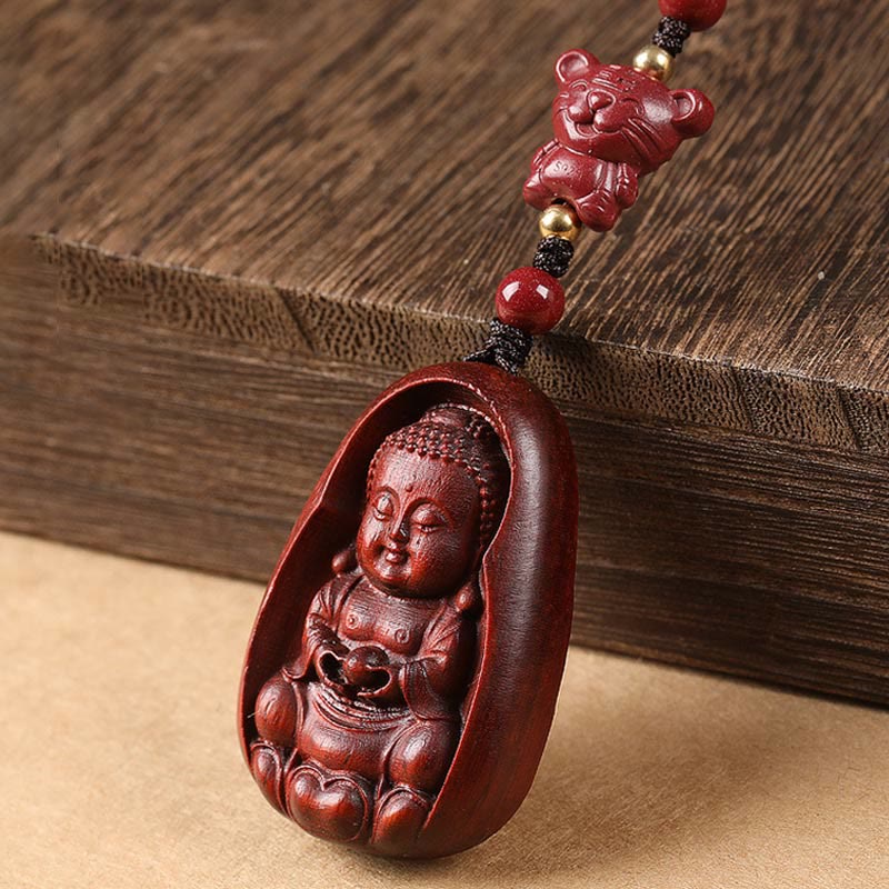 Porte-clés de protection en Buddha Stones en bois de santal rouge à petites feuilles, amulette du zodiaque chinois en cinabre