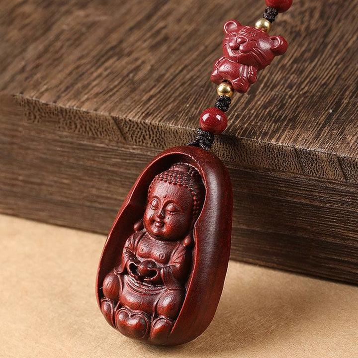Porte-clés de protection en Buddha Stones en bois de santal rouge à petites feuilles, amulette du zodiaque chinois en cinabre