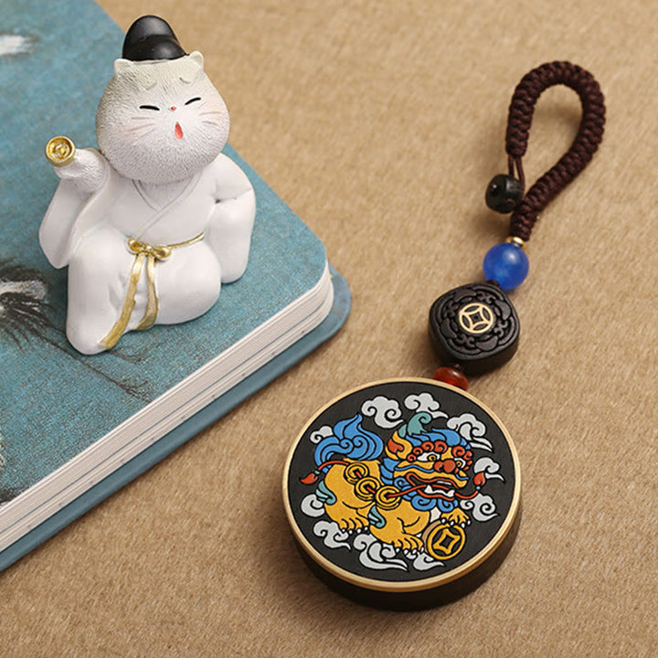 Buddha Stones PiXiu Pièce de cuivre Bois d'ébène Porte-bonheur Attirer la richesse Porte-clés Décoration