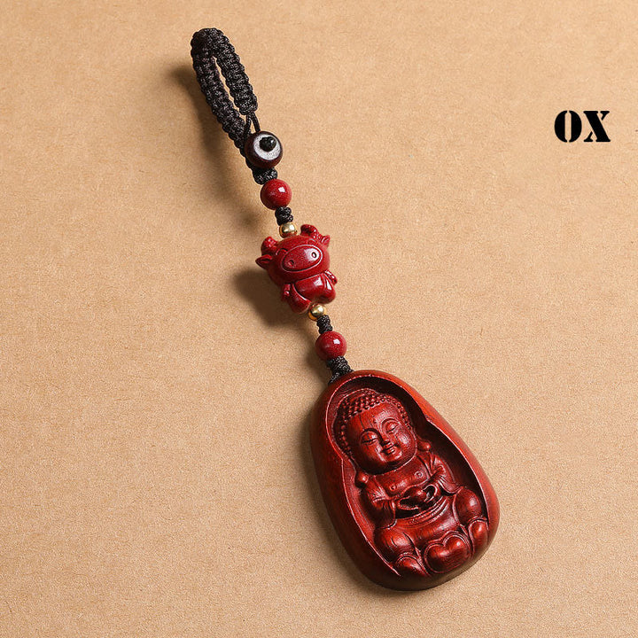 Porte-clés de protection en Buddha Stones en bois de santal rouge à petites feuilles, amulette du zodiaque chinois en cinabre