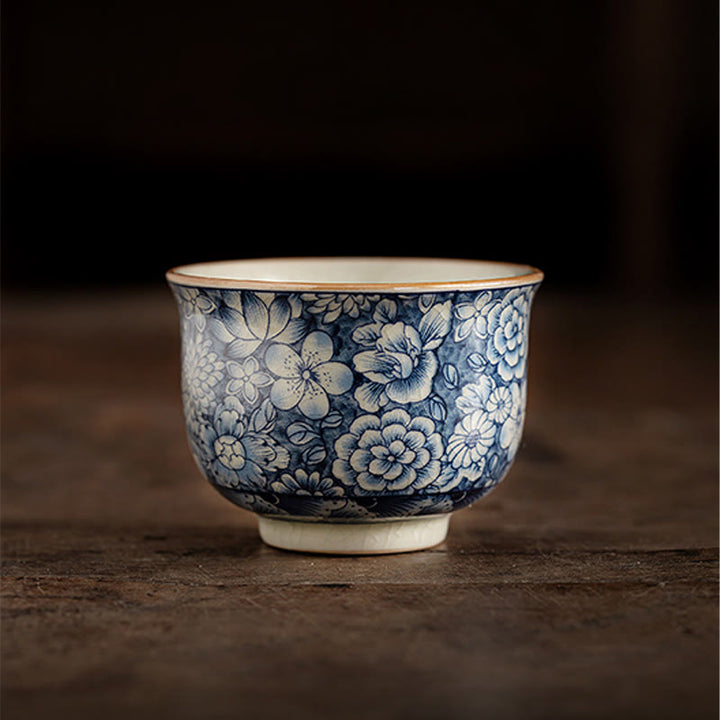 Buddha Stones Vintage Lotus Pivoine Fleur de Prunier Chrysanthème Tasse à Thé en Céramique Tasses à Thé