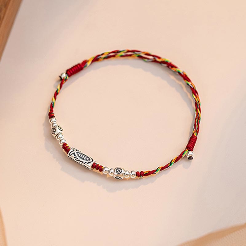 Bracelet de cheville tressé en argent sterling 925 avec poisson Koi et pierres de Buddha Stones
