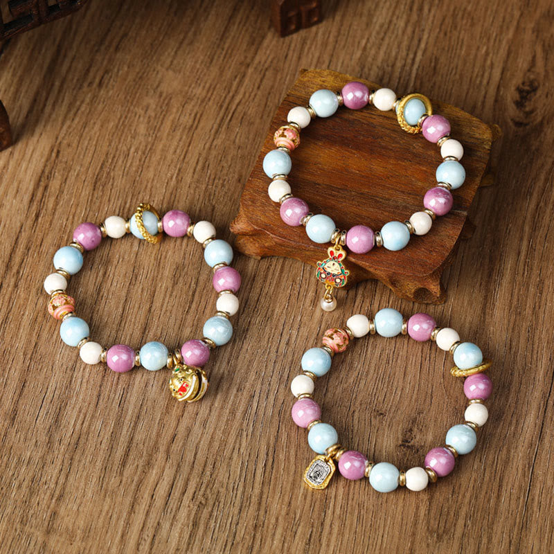 Buddha Stones Tibétain Zakiram Déesse de la Richesse Lapin Tête de Lion Charme Liuli Verre Encens Cendres Perle de Porcelaine Bracelet de Protection
