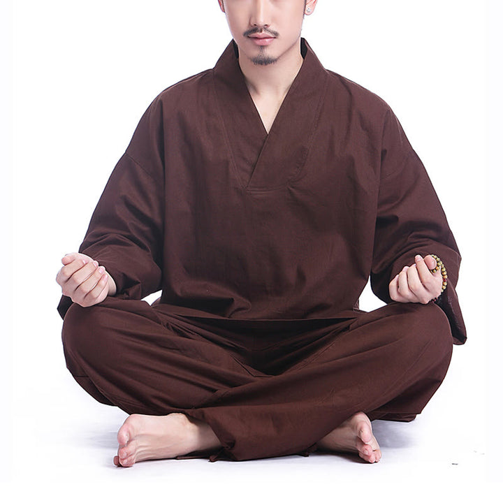 Ensemble de vêtements de yoga pour homme Buddha Stones, méditation, prière, col en V, coton et lin, pratique spirituelle zen - Brun - US/UK/AU44，EU54 (3XL) - image 0