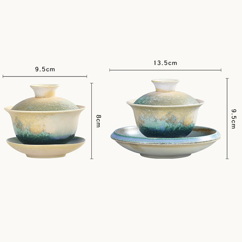 Tasse à thé et soucoupe en porcelaine avec motif de vagues de l'océan vert et Buddha Stones , tasse à thé Gaiwan Sancai en céramique Kung Fu avec couvercle