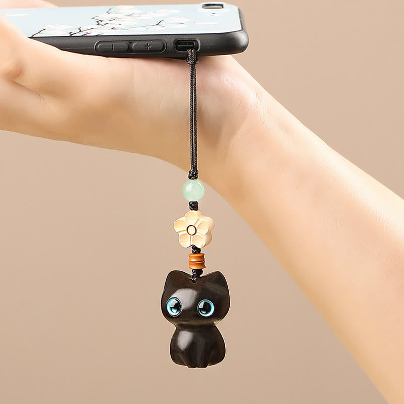 Porte Buddha Stones, mini petite feuille de bois de santal rouge, bois d'ébène, chat porte-bonheur, joli chaton, paix, décoration à suspendre pour téléphone