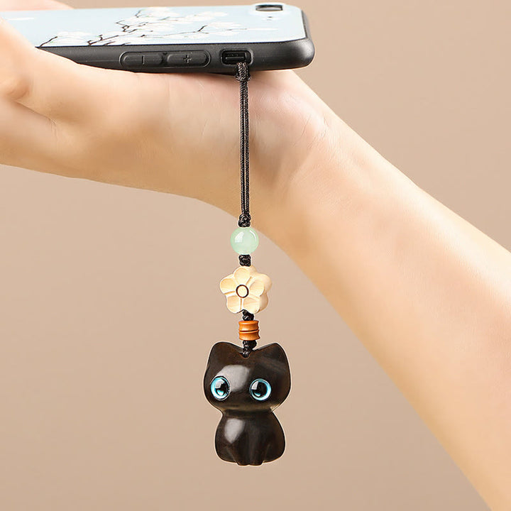 Porte Buddha Stones, mini petite feuille de bois de santal rouge, bois d'ébène, chat porte-bonheur, joli chaton, paix, décoration à suspendre pour téléphone