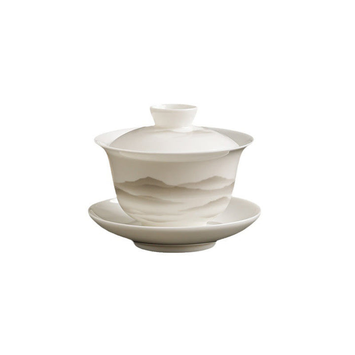 Buddha Stones Peinture à l'encre vintage Montagne Porcelaine blanche Céramique Gaiwan Sancai Tasse à thé Kung Fu Tasse à thé et soucoupe avec couvercle Ustensile à thé Théière