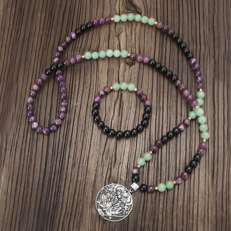 Bracelet de méditation Lotus en aventurine verte et améthyste avec 108 perles de Mala Buddha Stones - image 11