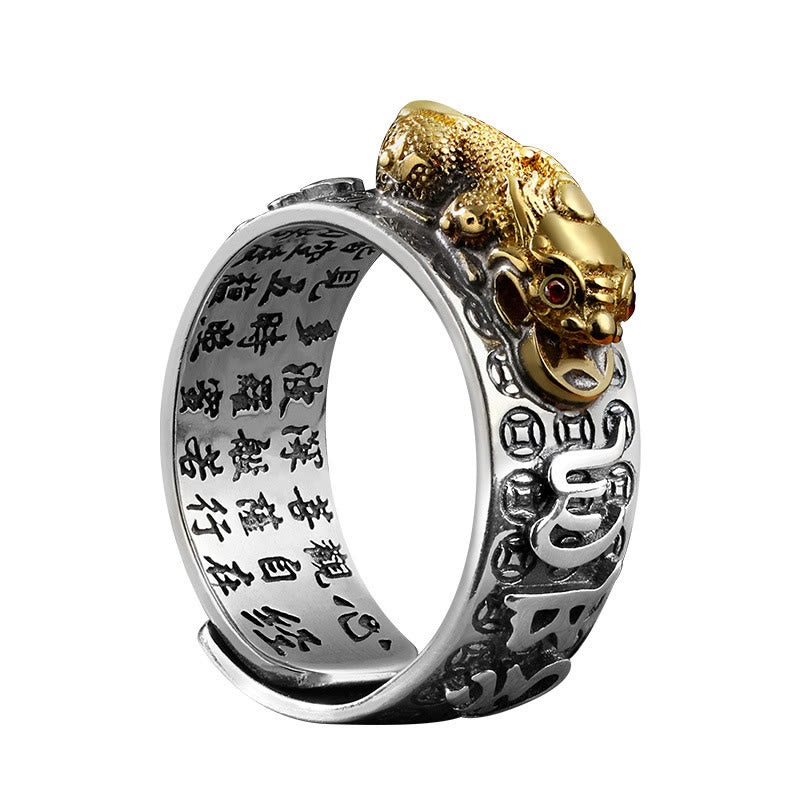 Bague de richesse tibétaine en argent sterling 990 Buddha Stones Om Mani Padme Hum PiXiu Dorje Vajra Heart Sutra gravé