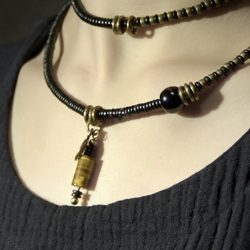 Collier pendentif en perles de Dzi en bois d'ébène et Buddha Stones en cuivre pour couple de paix
