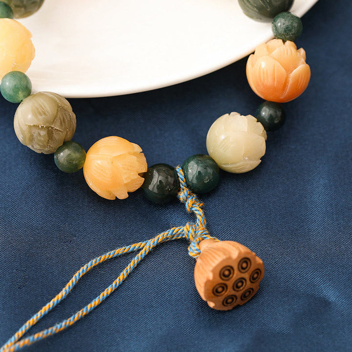 Bracelet Buddha Stones Bodhi Seed Lotus Bead Gravé Moss Agate Peace Calm