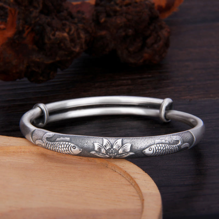 Bracelet jonc porte-bonheur en argent sterling 999 Buddha Stones et poisson koï et lotus