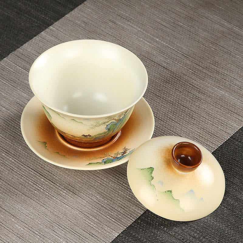 Buddha Stones Paysage de montagne Campagne Céramique Gaiwan Sancai Tasse à thé Kung Fu Tasse à thé et soucoupe avec couvercle