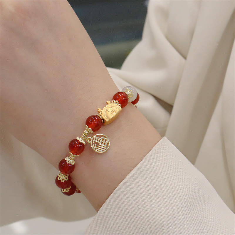 Buddha Stones Année du Dragon Agate Rouge Quartz Fraise Obsidienne Noire Jade Grenat Perle Cinabre Dumpling Dragon Luck Fu Bracelet Caractère