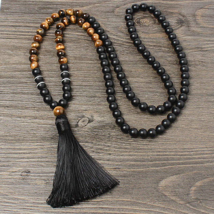 Collier pendentif porte-bonheur en onyx noir et œil de tigre avec Buddha Stones