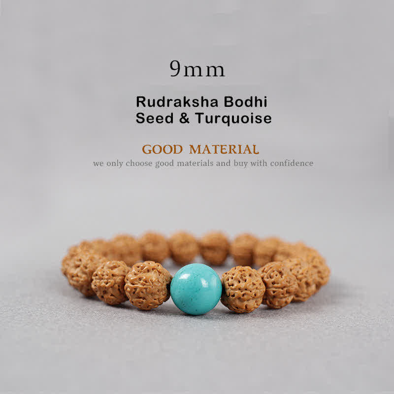 Bracelet de richesse en Buddha Stones tibétaines Rudraksha Bodhi Seed Dzi Bead Amber Turquoise - 9 mm - Graine de Rudraksha Bodhi et turquoise - image 6