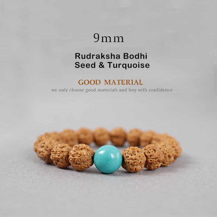 Bracelet de richesse en Buddha Stones tibétaines Rudraksha Bodhi Seed Dzi Bead Amber Turquoise - 9 mm - Graine de Rudraksha Bodhi et turquoise - image 6