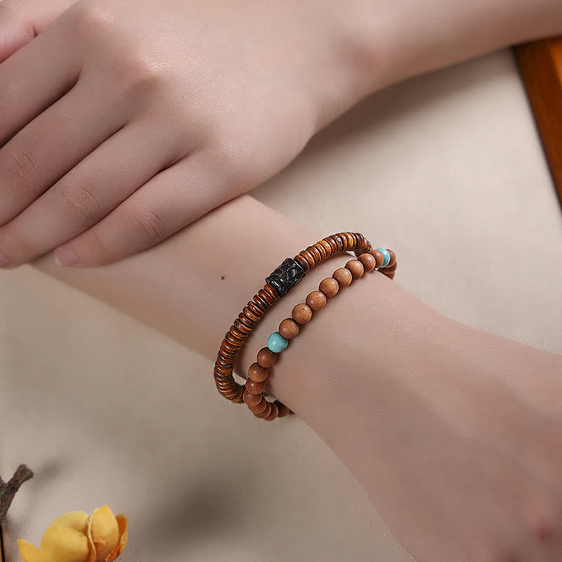 Bracelet double tour en bois de santal et turquoise, petites feuilles, Buddha Stones