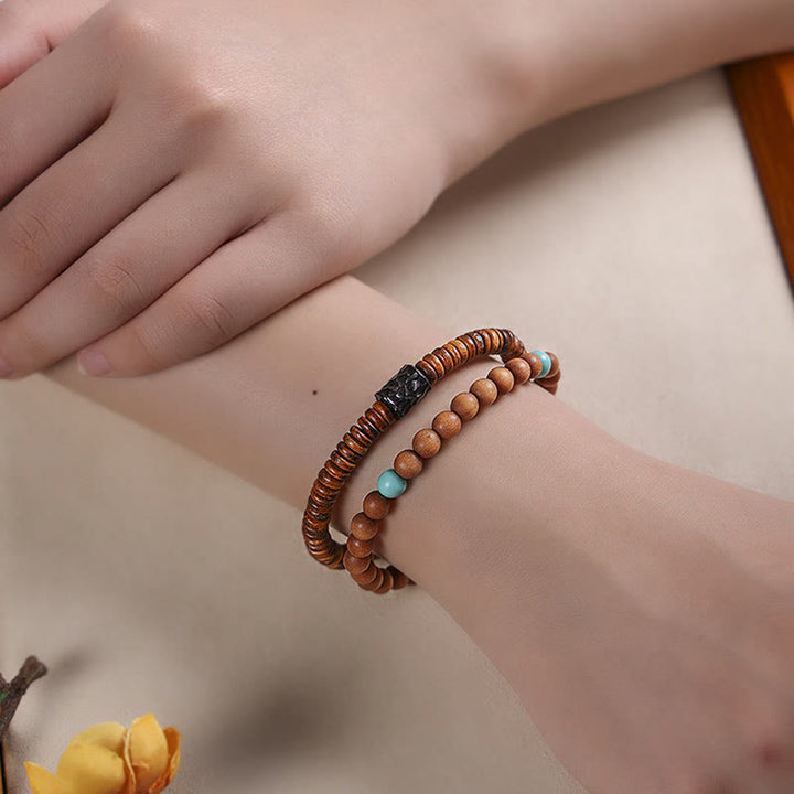 Bracelet double tour en bois de santal et turquoise, petites feuilles, Buddha Stones