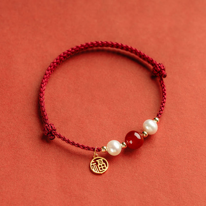 Bracelet tressé en fil rouge avec perles d'agate et personnage Fu en argent sterling 925 et Buddha Stones