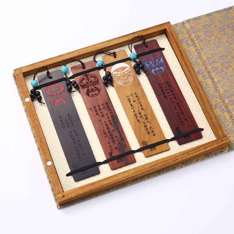 Lot de 4 marque-pages en bois avec Buddha Stones , orchidée, prunier, bambou, chrysanthème, masque d'opéra de Pékin, avec boîte cadeau
