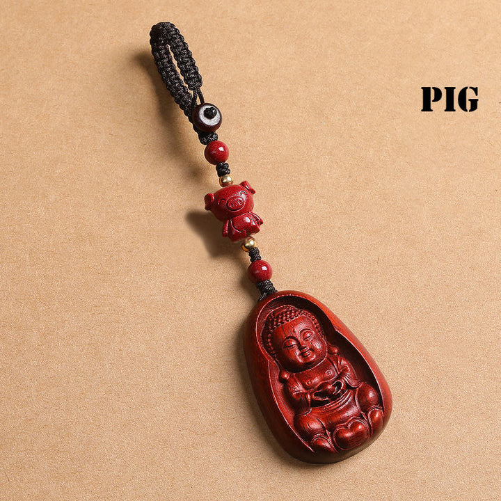 Porte-clés de protection en Buddha Stones en bois de santal rouge à petites feuilles, amulette du zodiaque chinois en cinabre