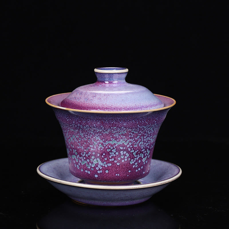 Buddha Stones Rétro Glaçure Changement De Four En Céramique Gaiwan Sancai Tasse À Thé Kung Fu Tasse À Thé Et Soucoupe Avec Couvercle - STYLE violet (la couleur et la glaçure peuvent varier) - 9,8 cm × 9 cm × 150 ml - image 2