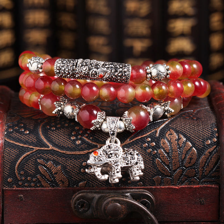 Bracelet triple tour positif en Buddha Stones, tourmaline pastèque naturelle PiXiu Elephant