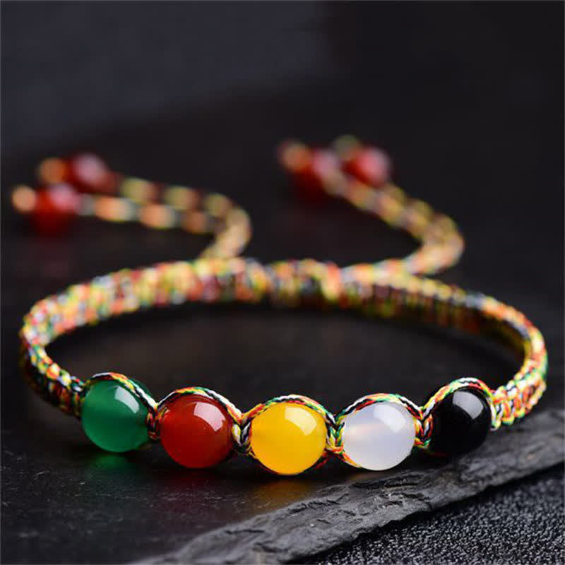Bracelet en fil d'agate colorée, métal, bois, eau, feu, terre, cinq éléments