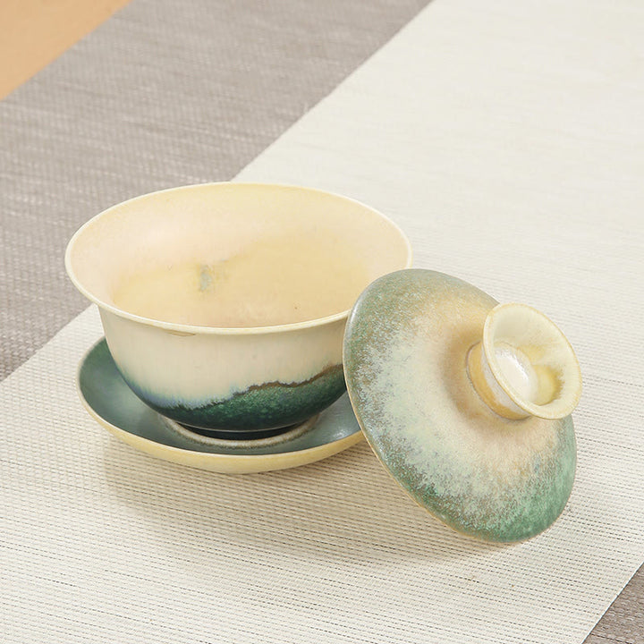 Tasse à thé et soucoupe en porcelaine avec motif de vagues de l'océan vert et Buddha Stones , tasse à thé Gaiwan Sancai en céramique Kung Fu avec couvercle - image 1