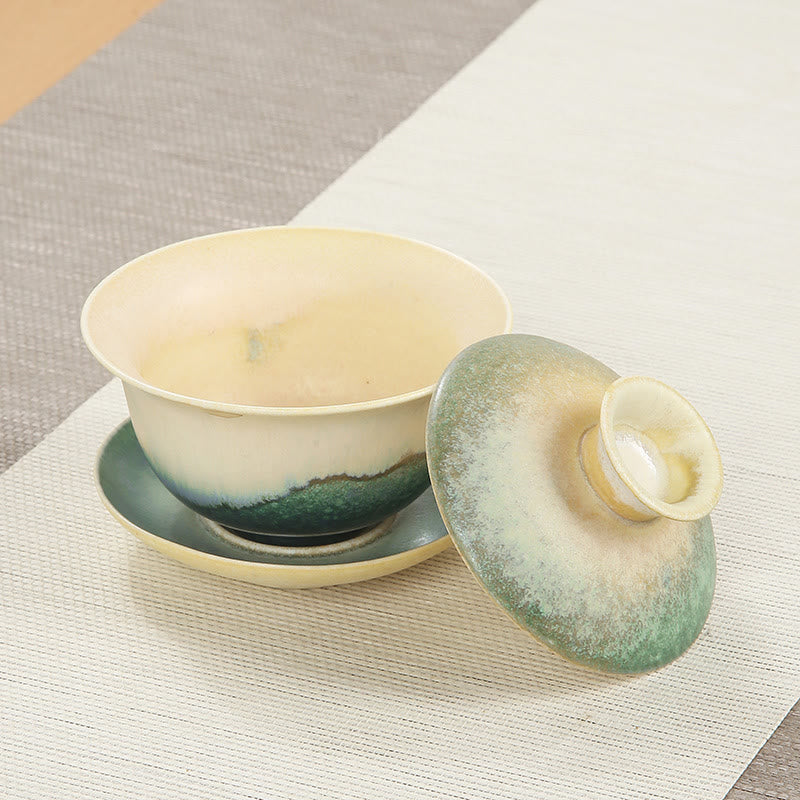 Tasse à thé et soucoupe en porcelaine avec motif de vagues de l'océan vert et Buddha Stones , tasse à thé Gaiwan Sancai en céramique Kung Fu avec couvercle