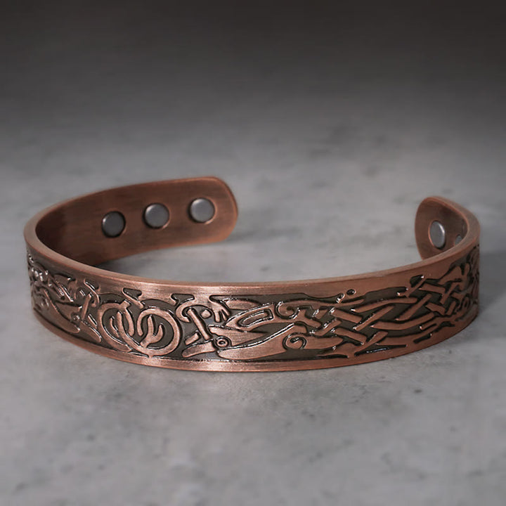 Bracelet manchette réglable magnétique en cuivre Buddha Stones et oiseaux vikings