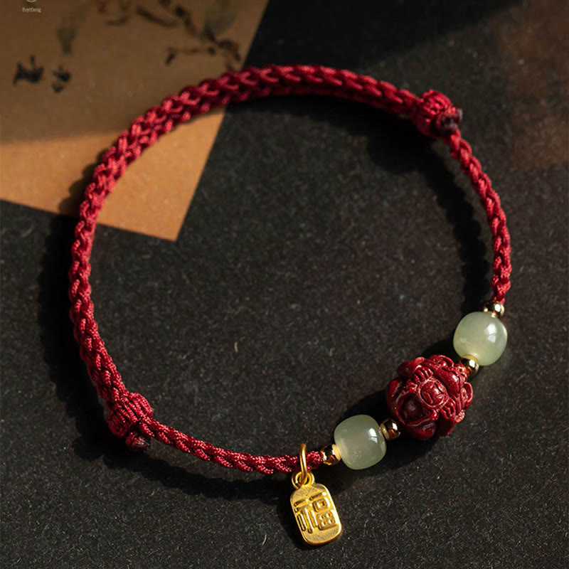 Bracelet en corde porte-bonheur en jade Hetian Buddha Stones et cinabre naturel, signe du zodiaque chinois