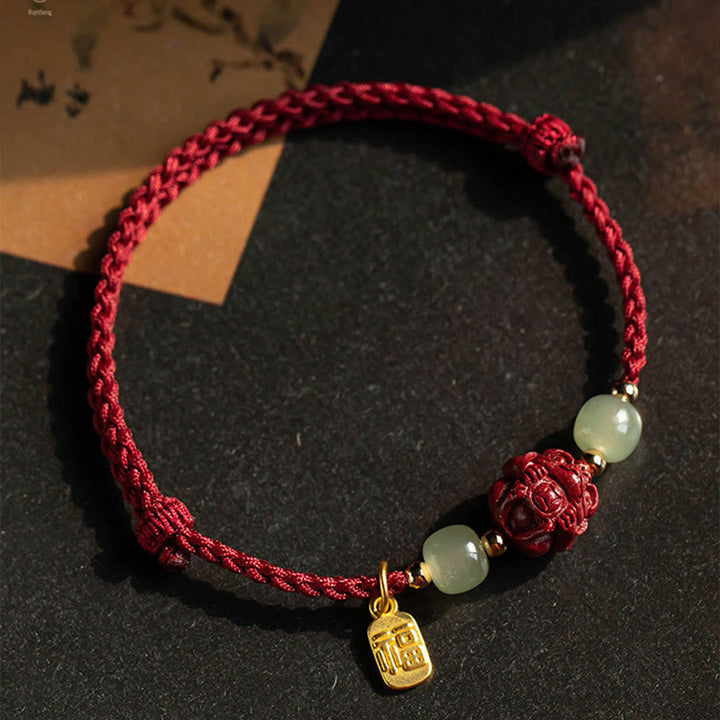 Bracelet en corde porte-bonheur en jade Hetian Buddha Stones et cinabre naturel, signe du zodiaque chinois