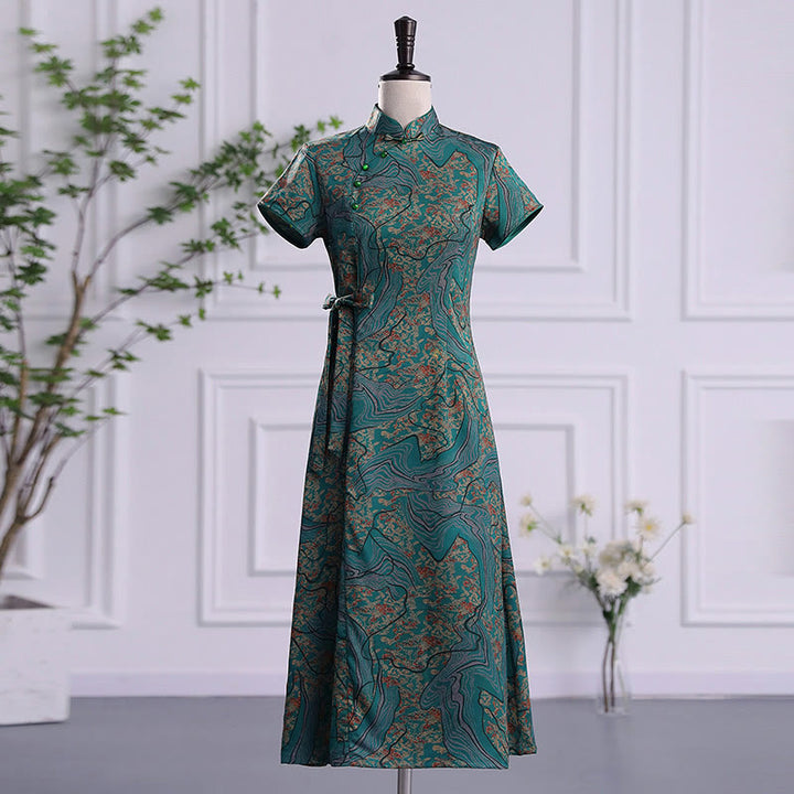 Robe Qipao pour femme avec imprimé feuilles et nuages de bon augure vintage et Buddha Stones