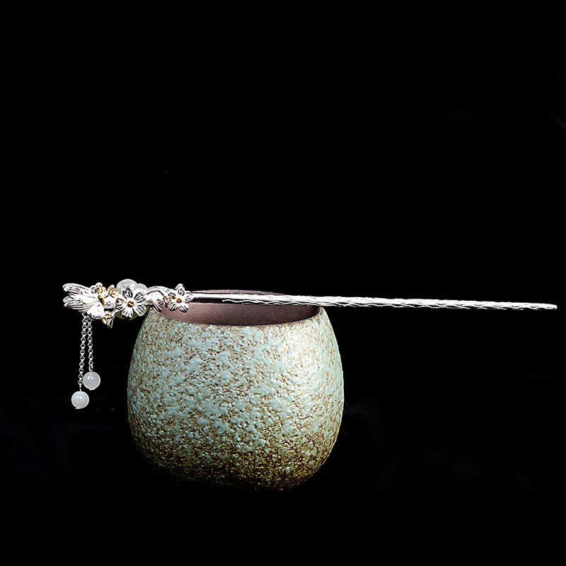 Épingle à cheveux en argent sterling 925 avec fleur de jade blanc Hetian