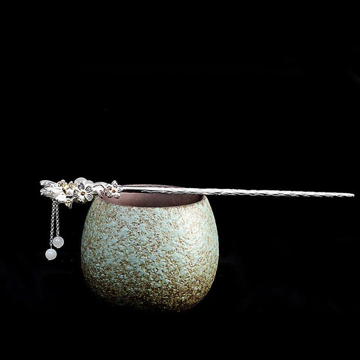 Épingle à cheveux en argent sterling 925 avec fleur de jade blanc Hetian