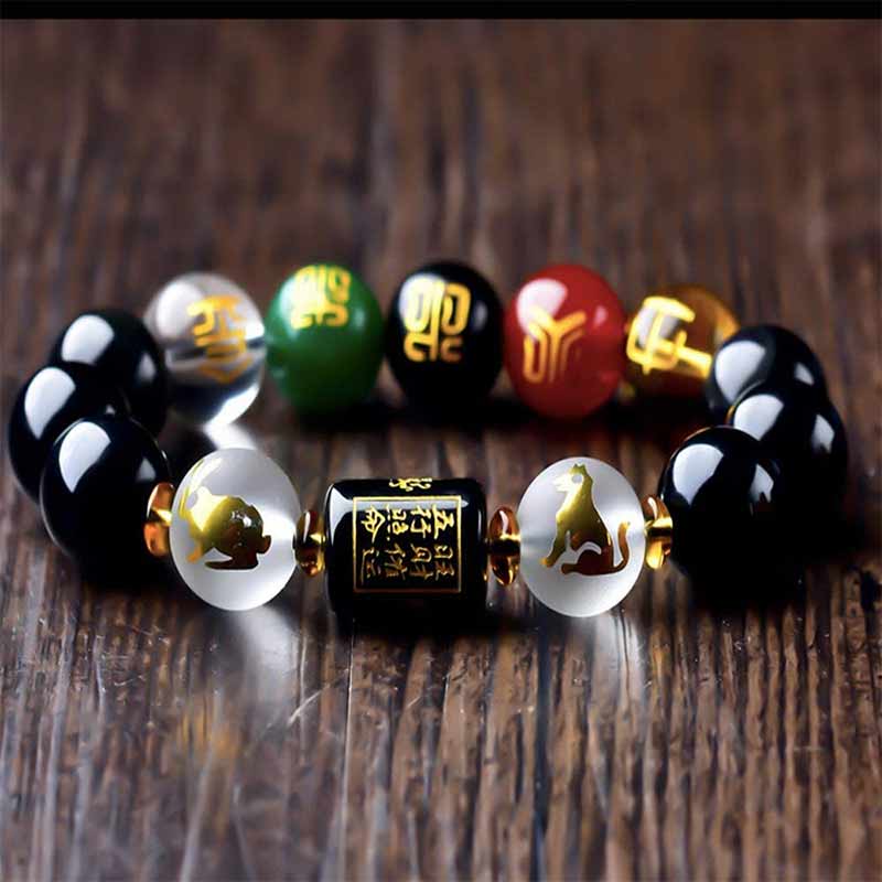 Buddha Stones Zodiaque chinois Feng Shui Obsidienne Bracelet de richesse à cinq éléments