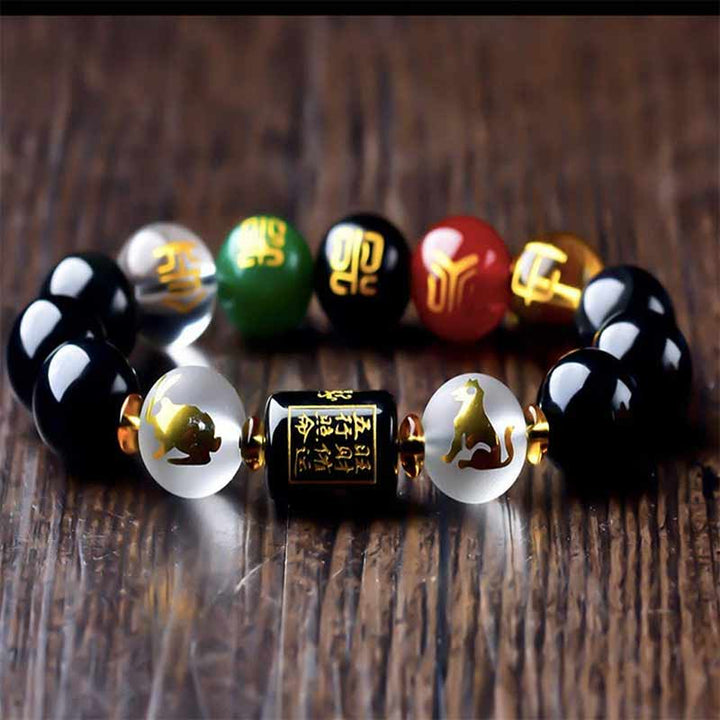 Buddha Stones Zodiaque chinois Feng Shui Obsidienne Bracelet de richesse à cinq éléments