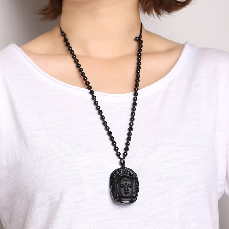 Collier avec pendentif en obsidienne noire naturelle en Buddha Stones Kwan Yin Avalokitesvara - image 3