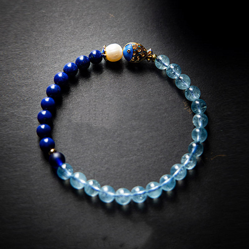 Bracelet de guérison en Buddha Stones, aigue-marine naturelle, lapis-lazuli et poisson - image 2