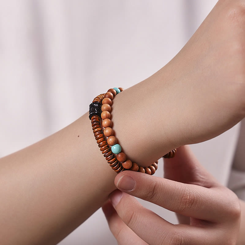Bracelet double tour en bois de santal et turquoise, petites feuilles, Buddha Stones