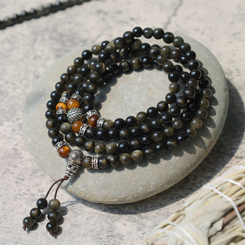Collier Bracelet Énergie Obsidienne Dorée